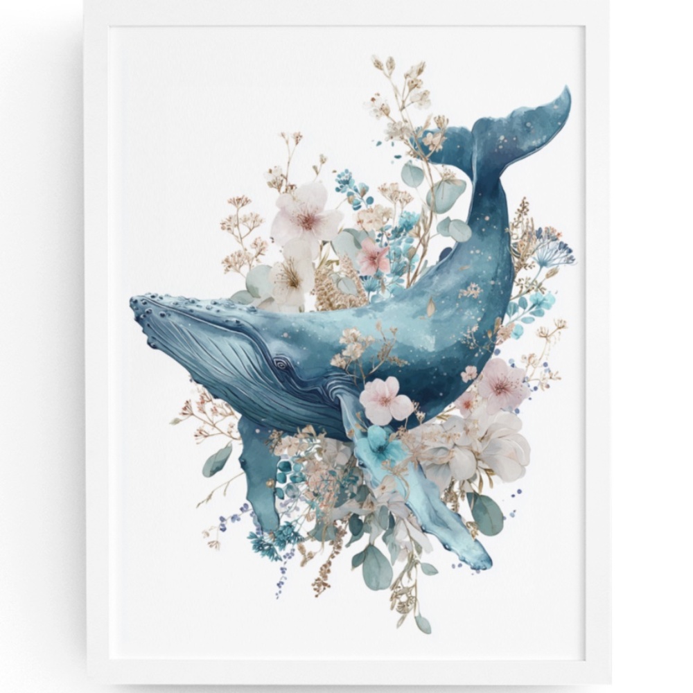 Watercolor Floral Humpback Whale Portrait Wall Art Illustration Print Unframed
